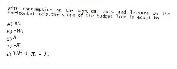 With consumption on the vertical axis and leisure on the horizontal axis,the slope of the budget line is equal to