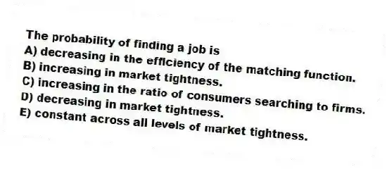The probability of finding a job is
A) decreasing in the efficiency of the matching function.
B) increasing in market tightness.
C) increasing in the ratio of consumers searching to firms.
D) decreasing in market tightness.
E) constant across all levels of market tightness.