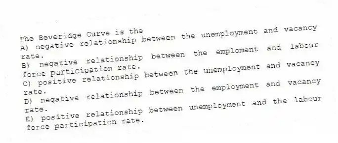 The Beveridge Curve is the
A) negative relationship between the unemployment and vacancy rate.
B) negative relationship between the emploment and labour force participation rate.
C) positive relationship between the unemployment and vacancy rate.
D) negative relationship between the employment and vacancy rate.
E) positive relationship between unemployment and the labour force participation rate.