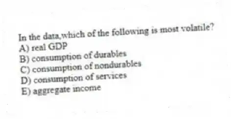 In the data,which of the following is most volatile?
A) real GDP
B) consumption of durables
C) consumption of nondurables
D) consumption of services
E) aggregate income