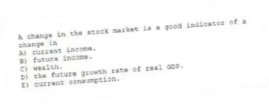 A change in the stock market is a good indicator of a change in
A) current income.
B) future income.
C) wealth.
D) the future growth rate of real GDP.
E) current consumption.