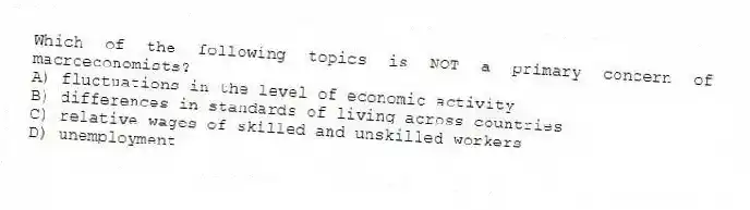 Which of the following topics is NOT a primary concern of macroeconomists?
A) fluctuations in the level of economic activity
B) differences in standards of living across countries
C) relative wages of skilled and unskilled workers
D) unemployment