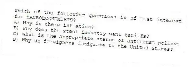 Which of the following questions is of most interest for MACROECONOMISTS?
A) Why is there inflation?
B) Why does the steel industry want tariffs?
C) What is the appropriate stance of antitrust policy?
D) Why do foreigners immigrate to the United States?