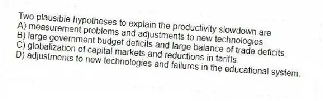 Two plausible hypotheses to explain the productivity slowdown are
A) measurement problems and adjustments to new technologies.
B) large government budget deficits and large balance of trade deficits.
C) globalization of capital markets and reductions in tariffs.
D) adjustments to new technologies and failures in the educational system.