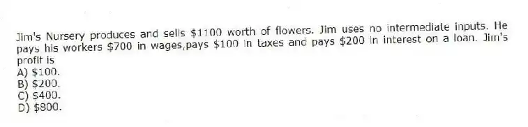 Jim's Nursery produces and sells $1100 worth of flowers. Jim uses no intermediate inputs. He pays his workers $700 in wages,pays $100 in taxes and pays $200 in interest on a loan. Jim's profit is
A) $100.
B) $200.
C) $400.
D) $800.