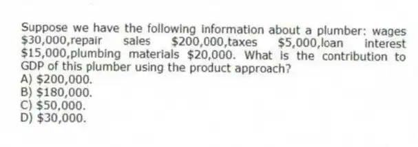 Suppose we have the following information about a plumber: wages $30,000,repair sales $200,000,taxes $5,000,loan interest $15,000,plumbing materials $20,000. What is the contribution to GDP of this plumber using the product approach?
A) $200,000.
B) $180,000.
C) $50,000.
D) $30,000.