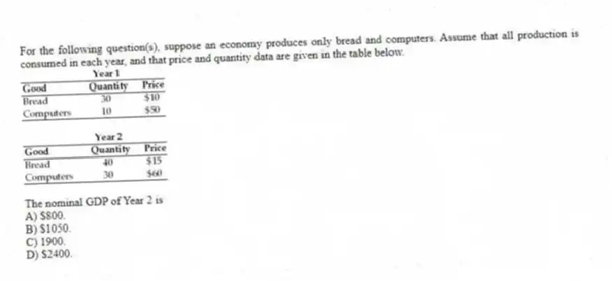 For the following question(s), suppose an economy produces only bread and computers. Assume that all production is consumed in each year, and that price and quantity data are given in the table below.
-The nominal GDP of Year 2 is
A) $800.
B) $1050.
C) 1900.
D) $2400.