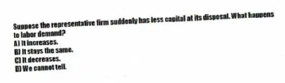 Suppose the representative firm suddenly has less capital at its disposal. What happens to labor demand?
A) It increases.
B) It stays the same.
C) It decreases.
D) We cannot tell.