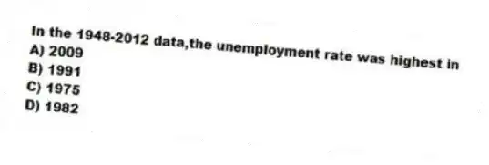 In the 1948-2012 data,the unemployment rate was highest in
A) 2009
B) 1991
C) 1975
D) 1982