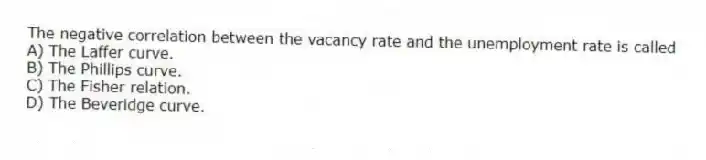 The negative correlation between the vacancy rate and the unemployment rate is called
A) The Laffer curve.
B) The Phillips curve.
C) The Fisher relation.
D) The Beveridge curve.