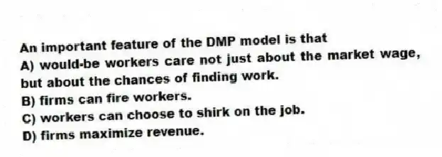 An important feature of the DMP model is that
A) would-be workers care not just about the market wage, but about the chances of finding work.
B) firms can fire workers.
C) workers can choose to shirk on the job.
D) firms maximize revenue.
