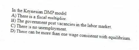 In the Keynesian DMP model
A) There is a fiscal multiplier.
B) The government post vacancies in the labor market.
C) There is no unemployment.
D) There can be more than one wage consistent with equilibrium.