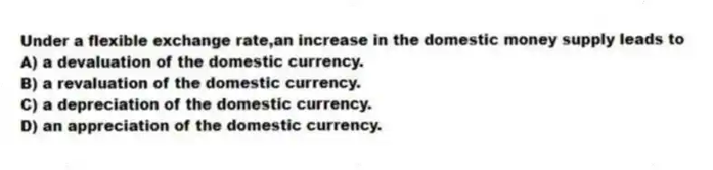 Under a flexible exchange rate,an increase in the domestic money supply leads to
A) a devaluation of the domestic currency.
B) a revaluation of the domestic currency.
C) a depreciation of the domestic currency.
D) an appreciation of the domestic currency.
