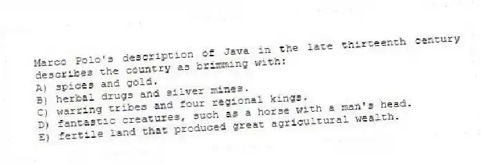 Marco Polo's description of Java in the late thirteenth century describes the country as brimming with:
A) spices and gold.
B) herbal drugs and silver mines.
C) warring tribes and four regional kings.
D) fantastic creatures, such as a horse with a man's head.
E) fertile land that produced great agricultural wealth.