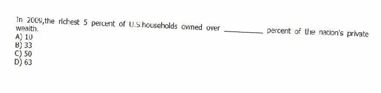 In 2009,the richest 5 percent of U.S.households owned over __________ percent of the nation's private wealth.
A) 10
B) 33
C) 50
D) 63
