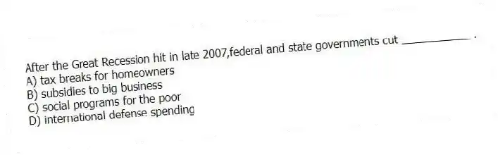 After the Great Recession hit in late 2007,federal and state governments cut ____________.
A) tax breaks for homeowners
B) subsidies to big business
C) social programs for the poor
D) international defense spending