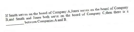If Smith serves on the board of Company A,Jones serves on the board of Company B,and Smith and Jones both serve on the board of Company C,then there is a __________ between Companies A and B.