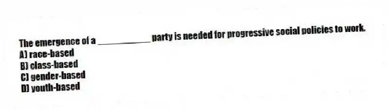 The emergence of a __________ party is needed for progressive social policies to work.
A) race-based
B) class-based
C) gender-based
D) youth-based