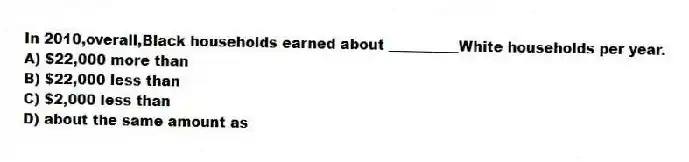In 2010,overall,Black households earned about __________White households per year.
A) $22,000 more than
B) $22,000 less than
C) $2,000 less than
D) about the same amount as