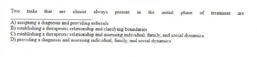 Two tasks that are almost always present in the initial phase of treatment are ________________________________.
A) assigning a diagnosis and providing referrals
B) establishing a therapeutic relationship and clarifying boundaries
C) establishing a therapeutic relationship and assessing individual, family, and social dynamics
D) providing a diagnosis and assessing individual, family, and social dynamics