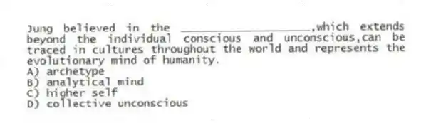 Jung believed in the ____________________,which extends beyond the individual conscious and unconscious,can be traced in cultures throughout the world and represents the evolutionary mind of humanity.
A) archetype
B) analytical mind
C) higher self
D) collective unconscious