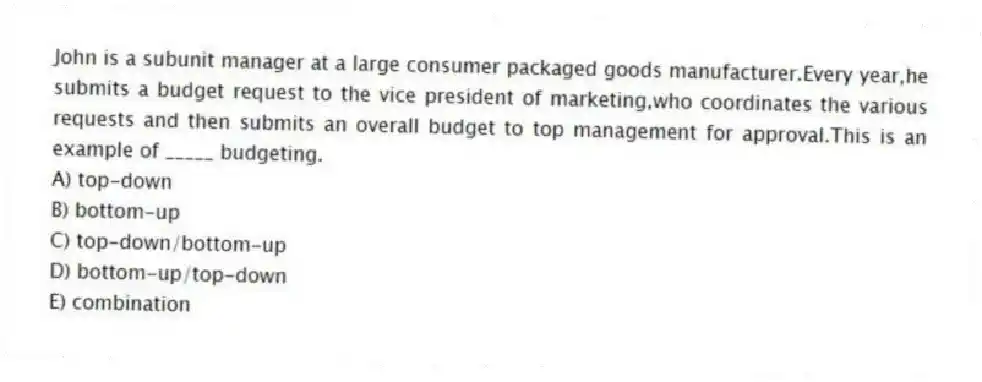 John is a subunit manager at a large consumer packaged goods manufacturer.Every year,he submits a budget request to the vice president of marketing,who coordinates the various requests and then submits an overall budget to top management for approval.This is an example of _____ budgeting.
A) top-down
B) bottom-up
C) top-down/bottom-up
D) bottom-up/top-down
E) combination