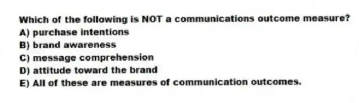 Which of the following is NOT a communications outcome measure?
A) purchase intentions
B) brand awareness
C) message comprehension
D) attitude toward the brand
E) All of these are measures of communication outcomes.