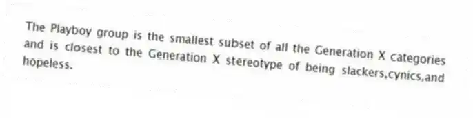 The Playboy group is the smallest subset of all the Generation X categories and is closest to the Generation X stereotype of being slackers,cynics,and hopeless.