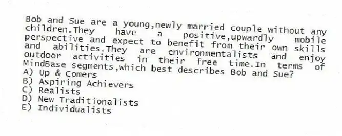 Bob and Sue are a young,newly married couple without any children.They have a positive,upwardly mobile perspective and expect to benefit from their own skills and abilities.They are environmentalists and enjoy outdoor activities in their free time.In terms of MindBase segments,which best describes Bob and Sue?
A) Up & Comers
B) Aspiring Achievers
C) Realists
D) New Traditionalists
E) Individualists