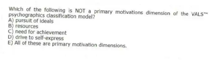 Which of the following is NOT a primary motivations dimension of the VALS™ psychographics classification model?
A) pursuit of ideals
B) resources
C) need for achievement
D) drive to self-express
E) All of these are primary motivation dimensions.