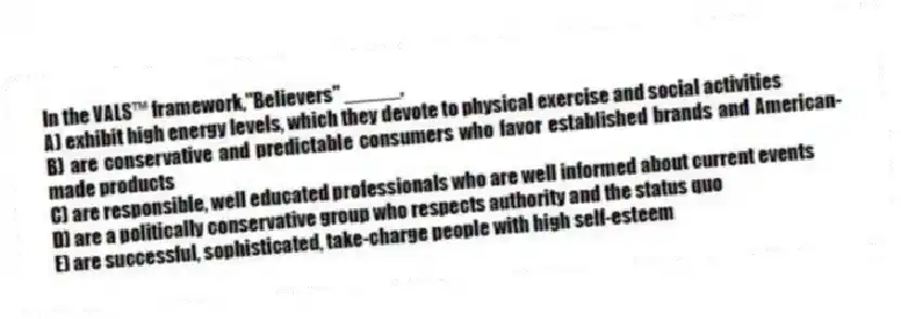 In the VALS™ framework,"Believers" _____.
A) exhibit high energy levels, which they devote to physical exercise and social activities
B) are conservative and predictable consumers who favor established brands and American-made products
C) are responsible, well educated professionals who are well informed about current events
D) are a politically conservative group who respects authority and the status quo
E) are successful, sophisticated, take-charge people with high self-esteem