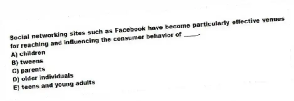 Social networking sites such as Facebook have become particularly effective venues for reaching and influencing the consumer behavior of _____.
A) children
B) tweens
C) parents
D) older individuals
E) teens and young adults