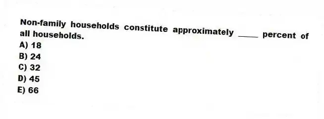 Non-family households constitute approximately _____ percent of all households.
A) 18
B) 24
C) 32
D) 45
E) 66