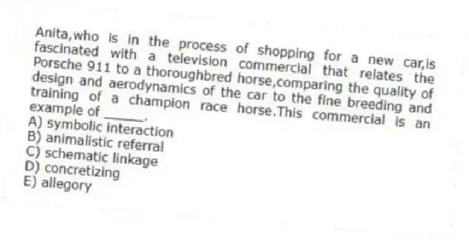 Anita,who is in the process of shopping for a new car,is fascinated with a television commercial that relates the Porsche 911 to a thoroughbred horse,comparing the quality of design and aerodynamics of the car to the fine breeding and training of a champion race horse.This commercial is an example of _____.
A) symbolic interaction
B) animalistic referral
C) schematic linkage
D) concretizing
E) allegory