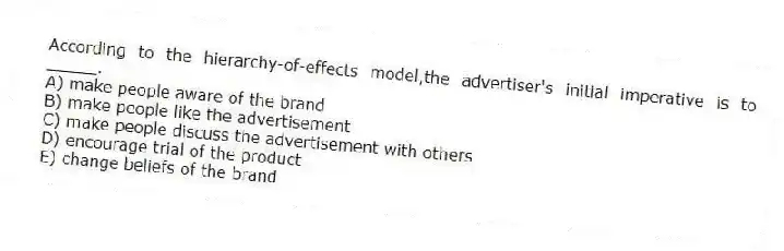 According to the hierarchy-of-effects model,the advertiser's initial imperative is to _____.
A) make people aware of the brand
B) make people like the advertisement
C) make people discuss the advertisement with others
D) encourage trial of the product
E) change beliefs of the brand