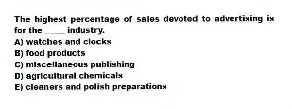 The highest percentage of sales devoted to advertising is for the _____ industry.
A) watches and clocks
B) food products
C) miscellaneous publishing
D) agricultural chemicals
E) cleaners and polish preparations