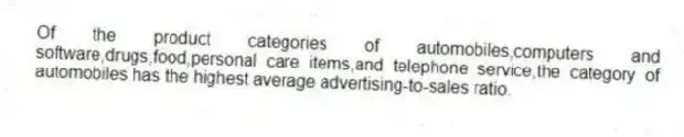 Of the product categories of automobiles,computers and software,drugs,food,personal care items,and telephone service,the category of automobiles has the highest average advertising-to-sales ratio.