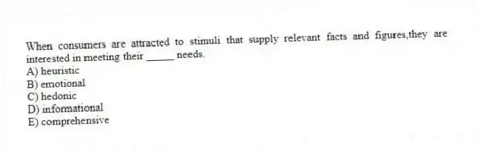 When consumers are attracted to stimuli that supply relevant facts and figures,they are interested in meeting their _____ needs.
A) heuristic
B) emotional
C) hedonic
D) informational
E) comprehensive