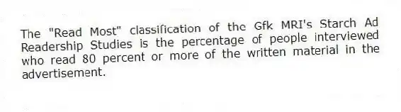 The "Read Most" classification of the Gfk MRI's Starch Ad Readership Studies is the percentage of people interviewed who read 80 percent or more of the written material in the advertisement.