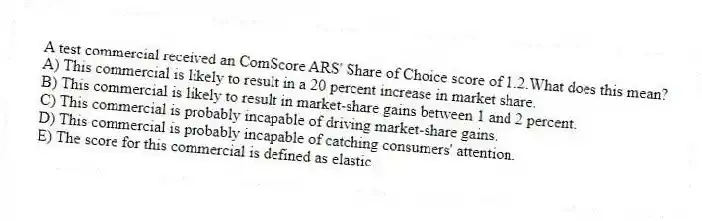 A test commercial received an ComScore ARS' Share of Choice score of 1.2.What does this mean?
A) This commercial is likely to result in a 20 percent increase in market share.
B) This commercial is likely to result in market-share gains between 1 and 2 percent.
C) This commercial is probably incapable of driving market-share gains.
D) This commercial is probably incapable of catching consumers' attention.
E) The score for this commercial is defined as elastic.