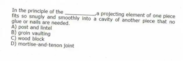 In the principle of the __________,a projecting element of one piece fits so snugly and smoothly into a cavity of another piece that no glue or nails are needed.
A) post and lintel
B) groin vaulting
C) wood block
D) mortise-and-tenon joint