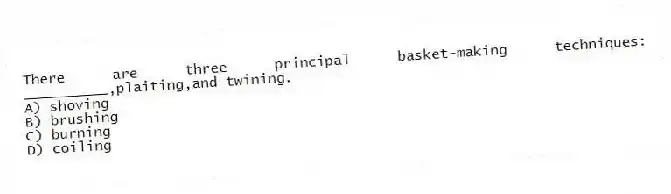There are three principal basket-making techniques: __________,plaiting,and twining.
A) shoving
B) brushing
C) burning
D) coiling