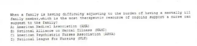 When a family is having difficulty adjusting to the burden of having a mentally ill family member,which is the most therapeutic resource of ongoing support a nurse can suggest to the family?
A) American Medical Association (AMA)
B) National Alliance on Mental Illness (NAMI)
C) American Psychiatric Nurses Association (APNA)
D) National League for Nursing (NLN)