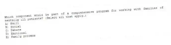 Which component would be part of a comprehensive program for working with families of mentally ill patients? (Select all that apply.)
A) Skill
B) Social
C) Debate
D) Emotional
E) Family process