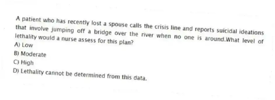 A patient who has recently lost a spouse calls the crisis line and reports suicidal ideations that involve jumping off a bridge over the river when no one is around.What level of lethality would a nurse assess for this plan?
A) Low
B) Moderate
C) High
D) Lethality cannot be determined from this data.