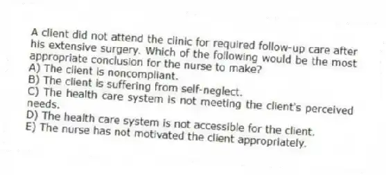 A client did not attend the clinic for required follow-up care after his extensive surgery. Which of the following would be the most appropriate conclusion for the nurse to make?
A) The client is noncompliant.
B) The client is suffering from self-neglect.
C) The health care system is not meeting the client's perceived needs.
D) The health care system is not accessible for the client.
E) The nurse has not motivated the client appropriately.