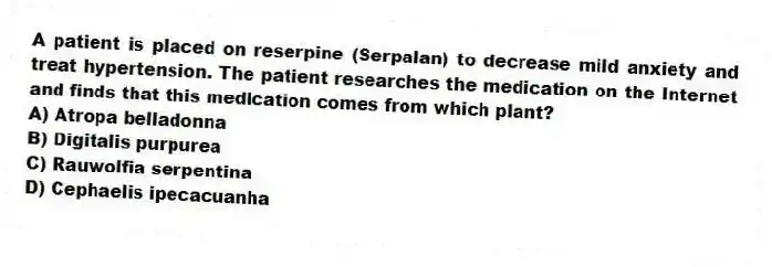 A patient is placed on reserpine (Serpalan) to decrease mild anxiety and treat hypertension. The patient researches the medication on the Internet and finds that this medication comes from which plant?
A) Atropa belladonna
B) Digitalis purpurea
C) Rauwolfia serpentina
D) Cephaelis ipecacuanha