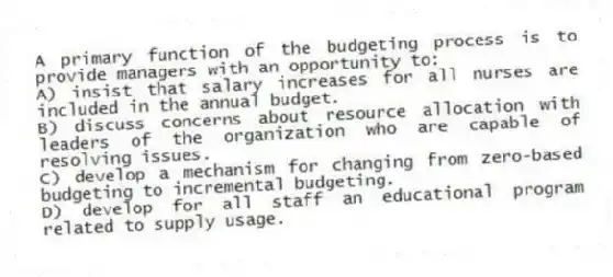 A primary function of the budgeting process is to provide managers with an opportunity to:
A) insist that salary increases for all nurses are included in the annual budget.
B) discuss concerns about resource allocation with leaders of the organization who are capable of resolving issues.
C) develop a mechanism for changing from zero-based budgeting to incremental budgeting.
D) develop for all staff an educational program related to supply usage.
