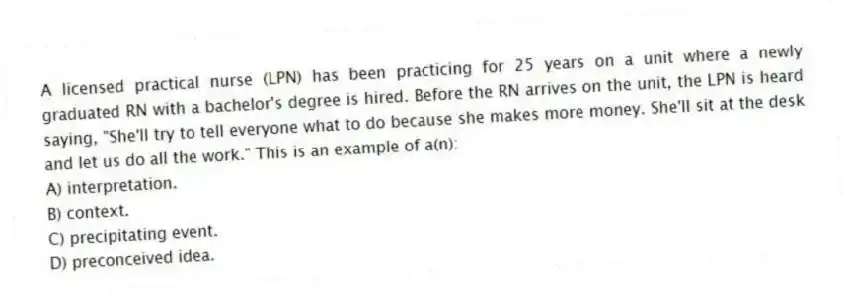 A licensed practical nurse (LPN) has been practicing for 25 years on a unit where a newly graduated RN with a bachelor's degree is hired. Before the RN arrives on the unit, the LPN is heard saying, "She'll try to tell everyone what to do because she makes more money. She'll sit at the desk and let us do all the work." This is an example of a(n):
A) interpretation.
B) context.
C) precipitating event.
D) preconceived idea.
