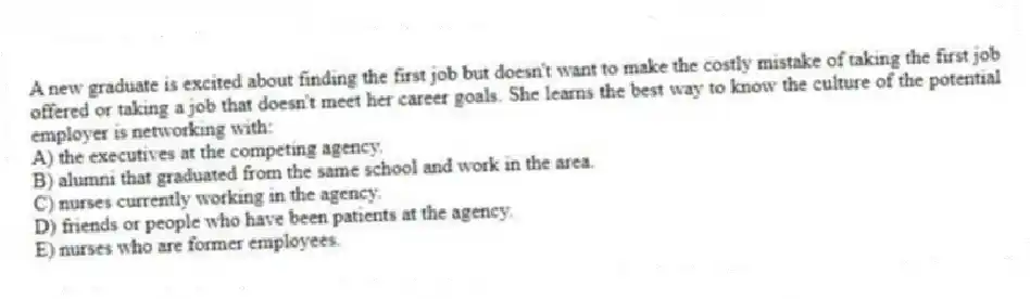 A new graduate is excited about finding the first job but doesn't want to make the costly mistake of taking the first job offered or taking a job that doesn't meet her career goals. She learns the best way to know the culture of the potential employer is networking with:
A) the executives at the competing agency.
B) alumni that graduated from the same school and work in the area.
C) nurses currently working in the agency.
D) friends or people who have been patients at the agency.
E) nurses who are former employees.